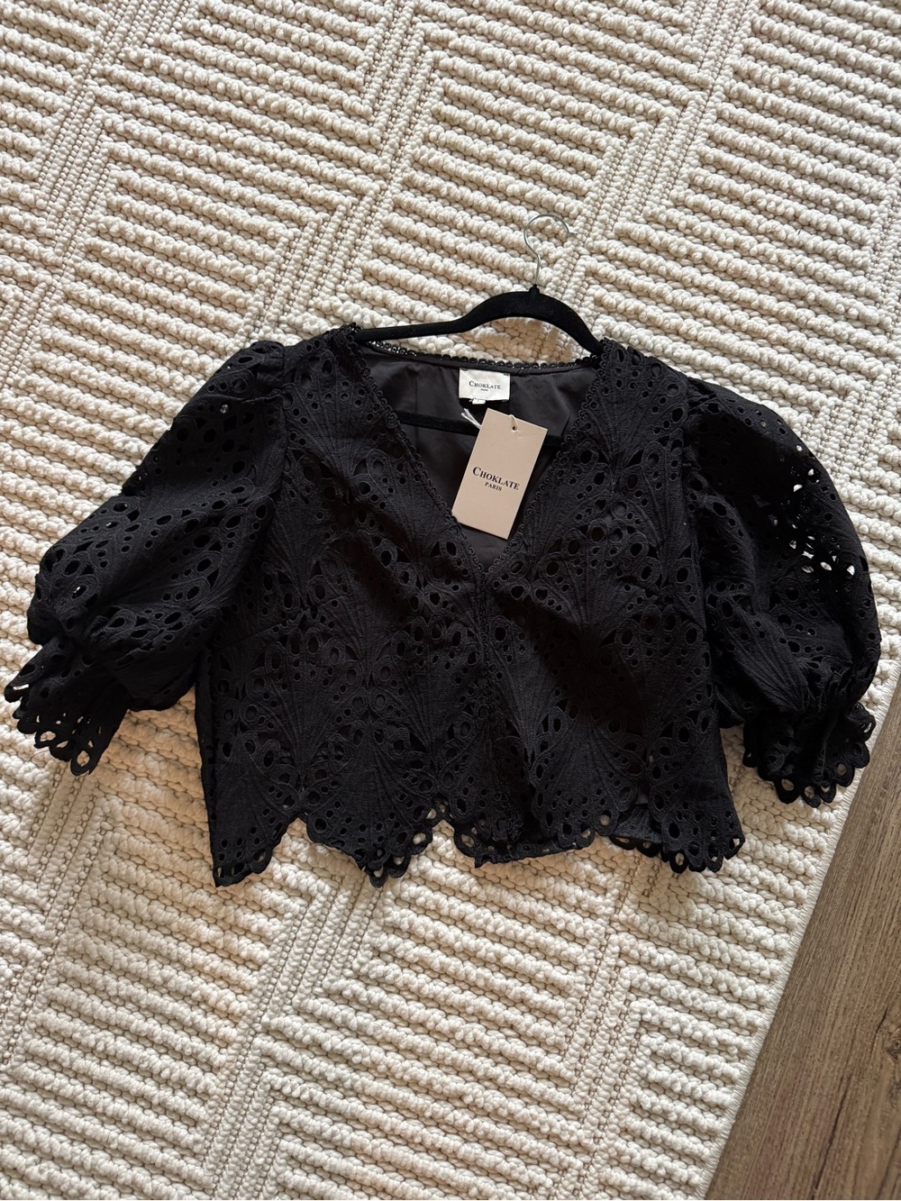 Choklate Brand Black Eyelet Puff-Sleeve Scalloped Blouse.  Worn once.